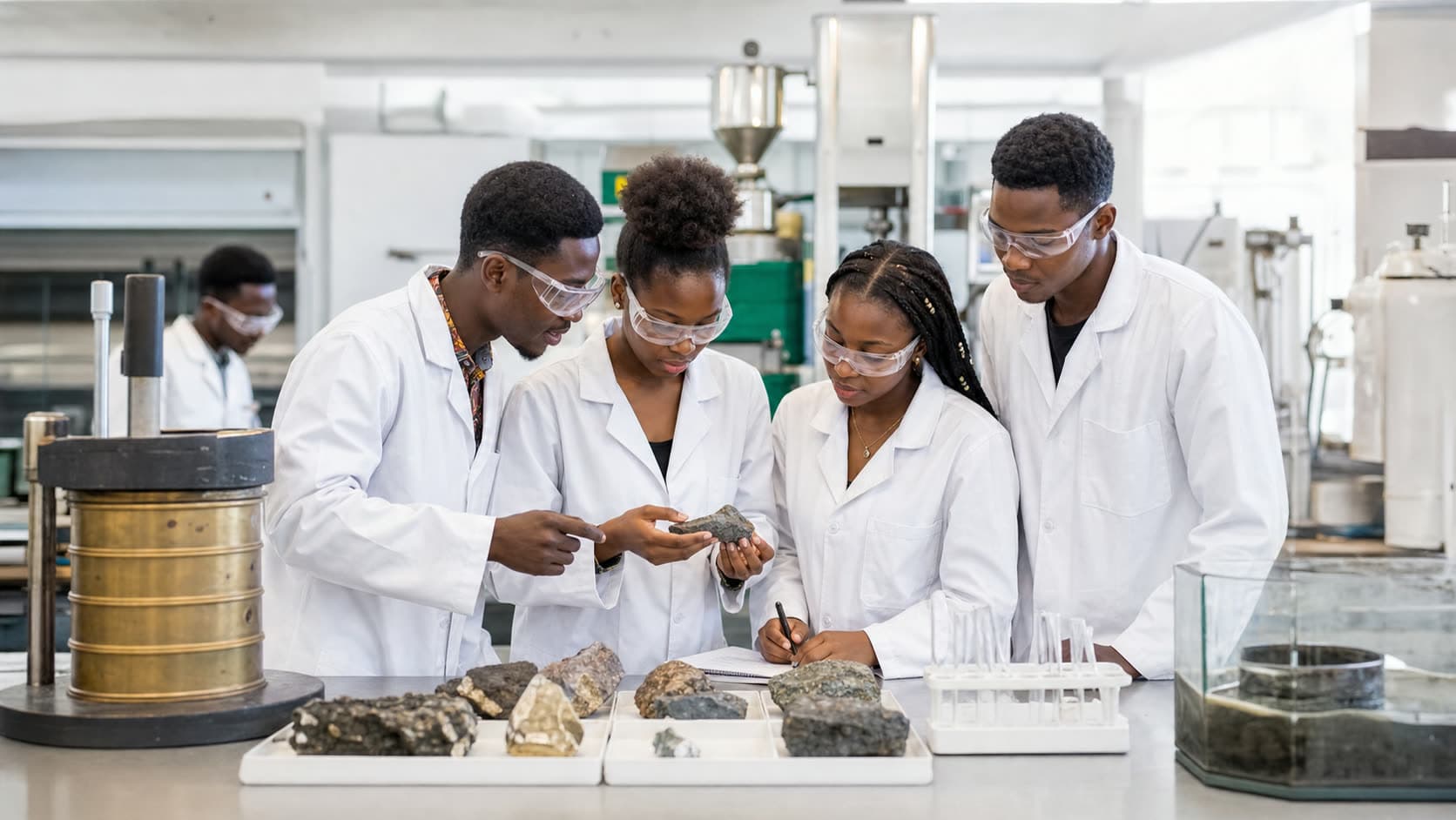 Mining engineering students studying ore samples in a mineral processing laboratory