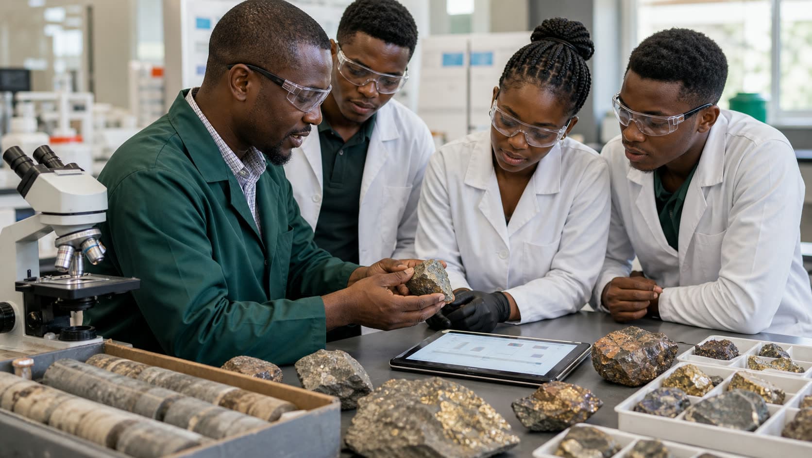 Ore samples and laboratory equipment used in a geometallurgy training session
